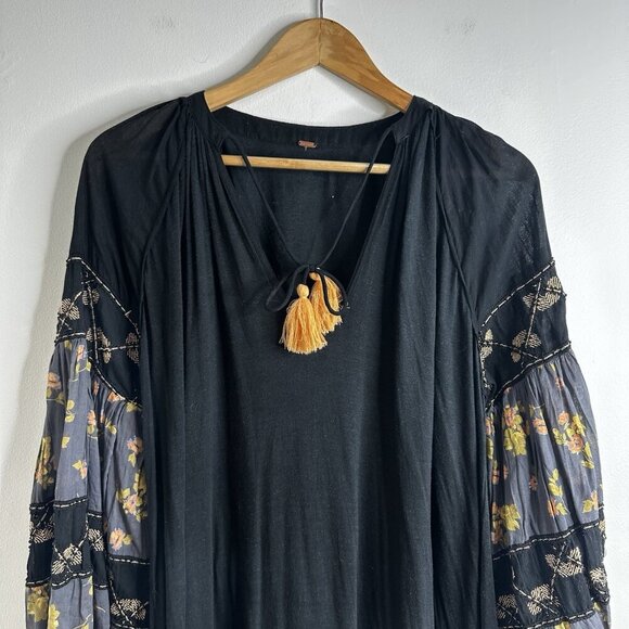 Free People Mix It Up Black Tunic Dress Large Boho Floral Balloon Sleeve - Picture 7 of 16